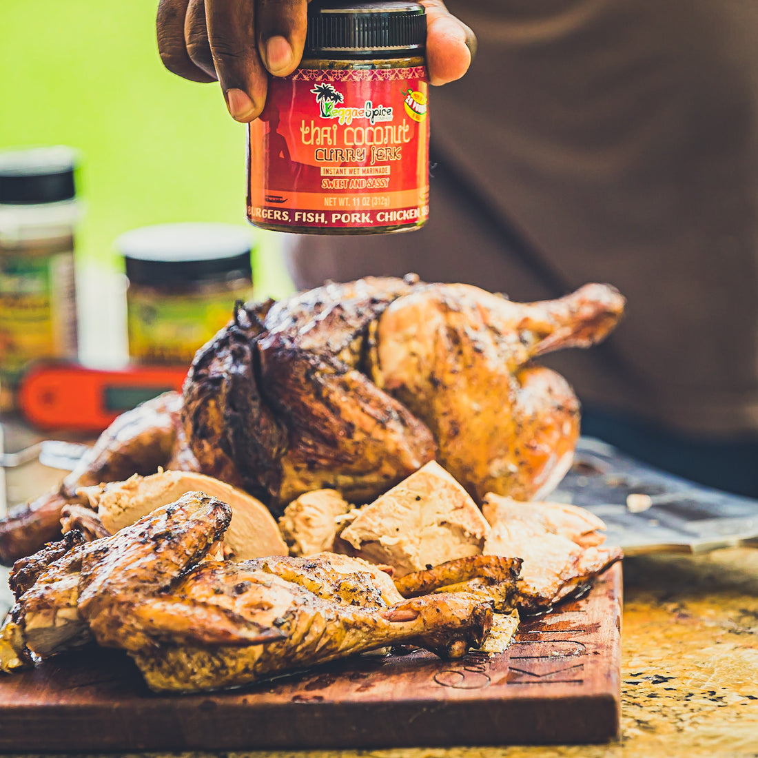 A beginner friendly smoked chicken recipe with the elevated flavor profile of our Thai Coconut Curry Jerk Instant Wet Marinade