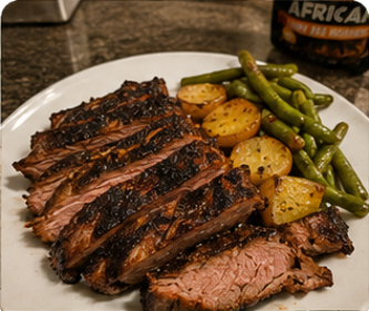 Sliced grilled steak with potatoes and green beans