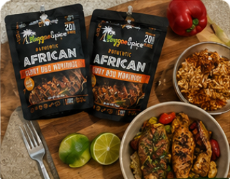 Reggae Spice marinade pouches with a plated chicken dinner